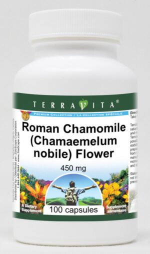Version 1.0.0 Frasco de manzanilla romana 450 mg TerraVita con 100 cápsulas