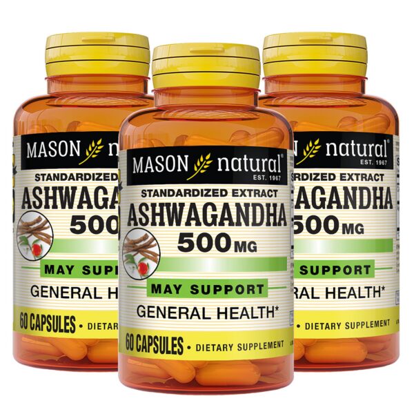 Frasco de Mason Natural Ashwagandha 500 mg suplemento adaptógeno