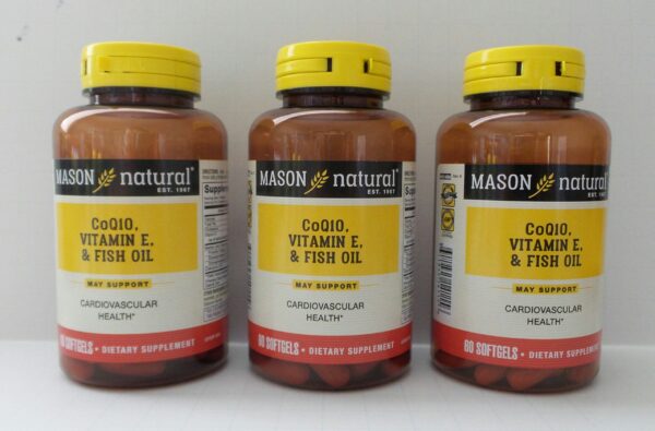 Frasco de Mason Natural Heart Trio CoQ-10 Vitamina E Aceite de Pescado