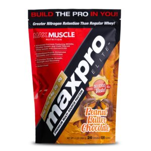 Contenedor de Max Muscle Maxpro Elite proteína whey sabor chocolate