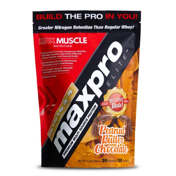 Contenedor de Max Muscle Maxpro Elite proteína whey sabor chocolate