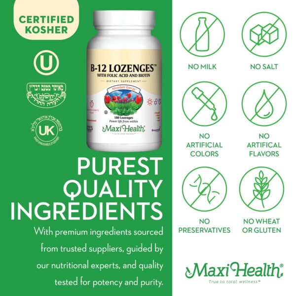 Maxi Health b12 suplemento vitaminas en pastillas con sello kosher