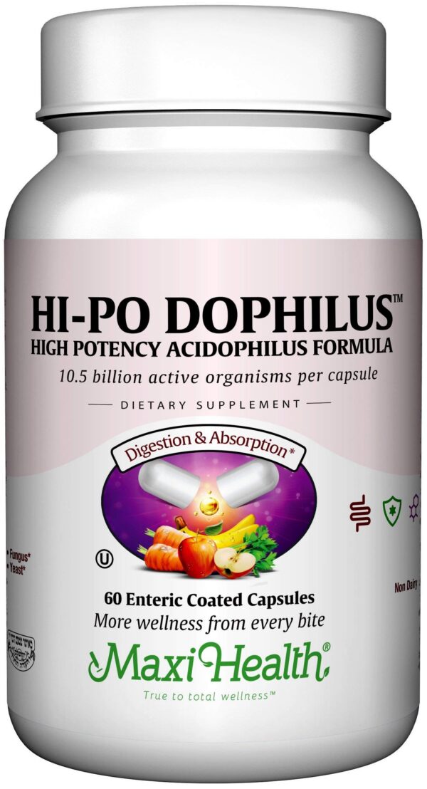 Version 1.0.0 Maxi Health HI-PO Dophilus bote probióticos ácido láctico 60 cápsulas