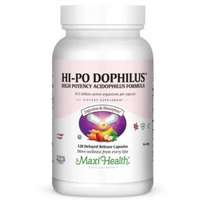 Frasco Maxi Health HI-PO Dophilus probióticos acidófilus 120 cápsulas