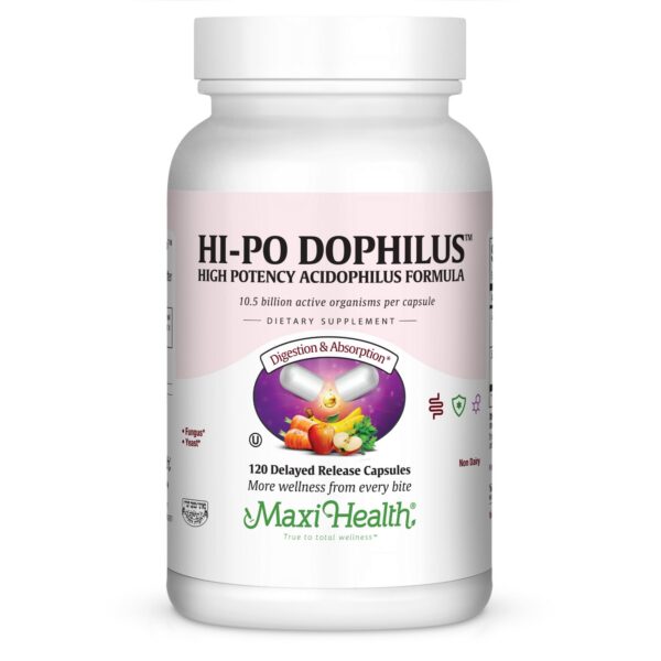 Frasco Maxi Health HI-PO Dophilus probióticos acidófilus 120 cápsulas