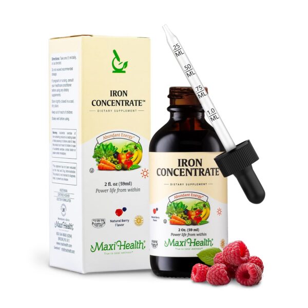 Frasco Maxi Health suplemento líquido de hierro sabor a baya