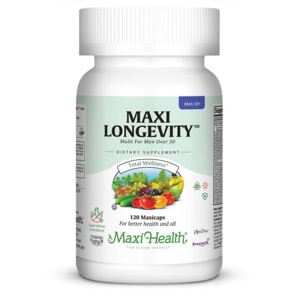 Frasco de multivitaminas Maxi Health Longevity para hombres 50+