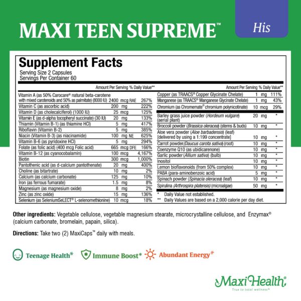 Etiqueta frontal Maxi Health multivitamínico adolescentes