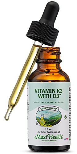 Frasco de Maxi Health vitamina D3 y K2 líquido gotas 1 oz