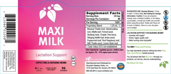 Etiqueta producto Maxi-Milk suplemento para aumentar leche materna