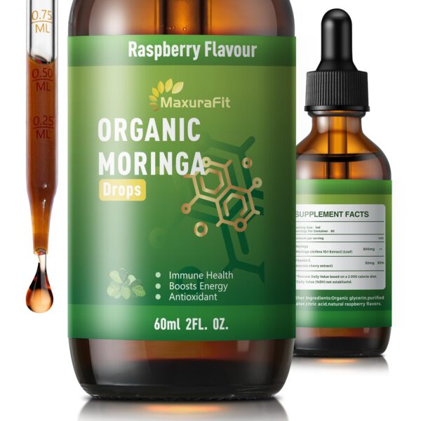 Frente de la etiqueta MaxuraFit Moringa Drops