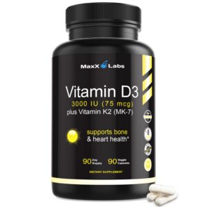 MaxX Labs Vitamina D3 K2 3000 IU botella 90 cápsulas