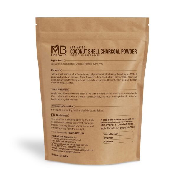 Version 1.0.0 MB Herbals carbón activado polvo en frasco abierto