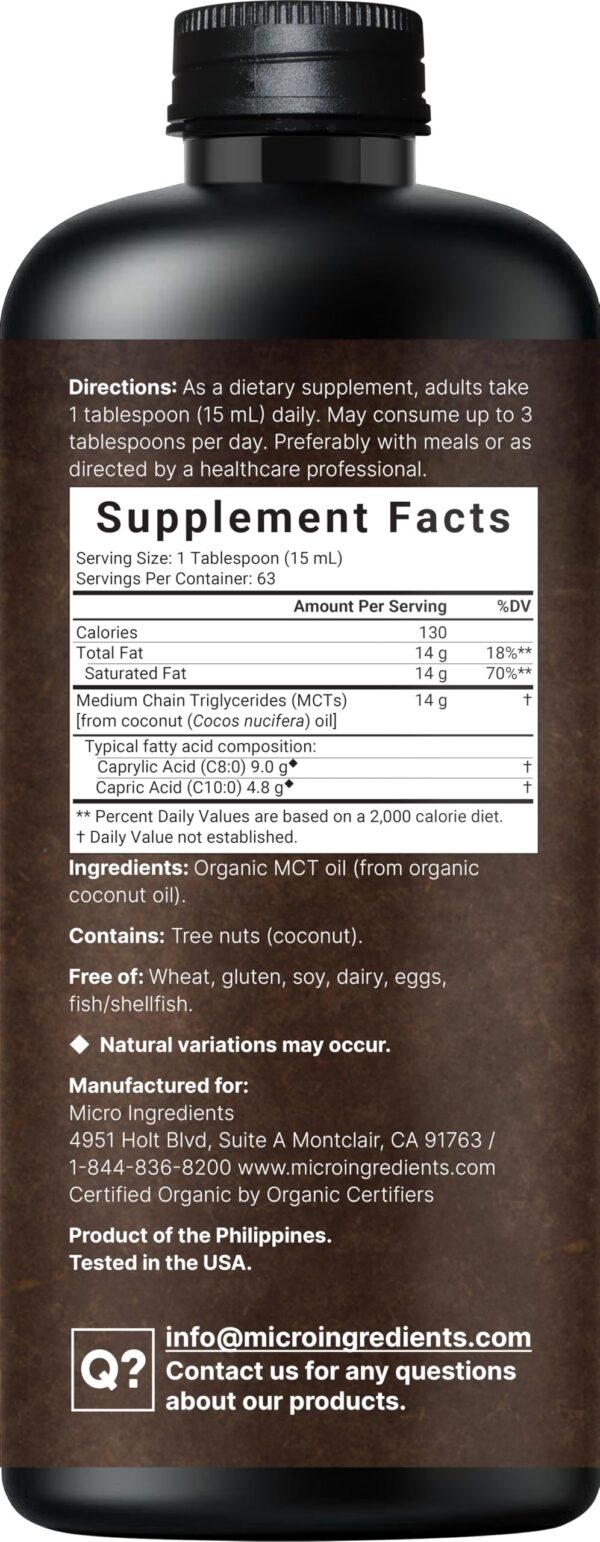 Close-up of MCT organic bottle label ingredients