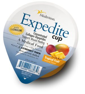 Gelatina Expedite Cup frente, sabor Tropical Fruit, 2 oz