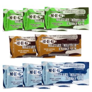 Empaque MEG chicle energético militar 100 mg cafeína sabores variados