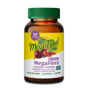 Envase MegaFood MegaFlora probióticos para salud femenina con 90 cápsulas