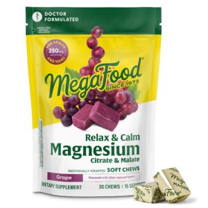 Version 1.0.0 MegaFood Relax + Calm gomitas magnesio sabor uva frente del empaque