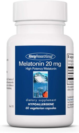 Melatonina 20mg Allergy Research Group frasco y cápsulas