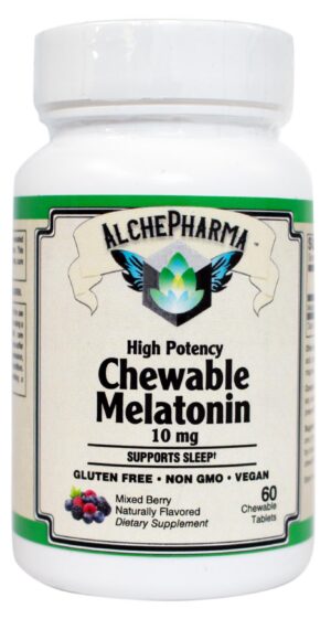 Melatonina masticable AlchePharma 10 mg botella y empaque