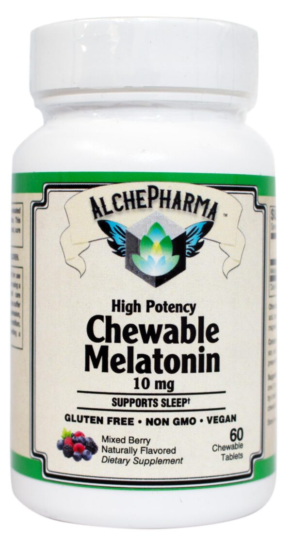 Melatonina masticable AlchePharma 10 mg botella y empaque