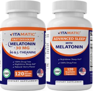 Version 1.0.0 Melatonina Vitamatic 30mg frasco principal con ingredientes naturales para sueño