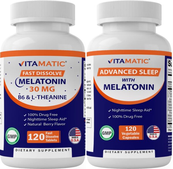 Version 1.0.0 Melatonina Vitamatic 30mg frasco principal con ingredientes naturales para sueño