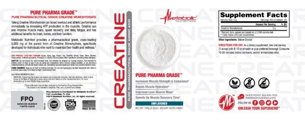 Etiqueta trasera de Metabolic Nutrition Creatine