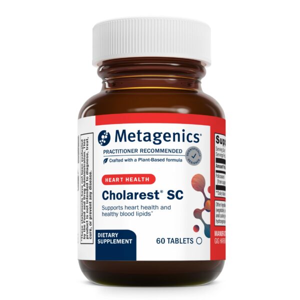 Frasco de suplementos Metagenics Cholarest SC para salud cardiovascular