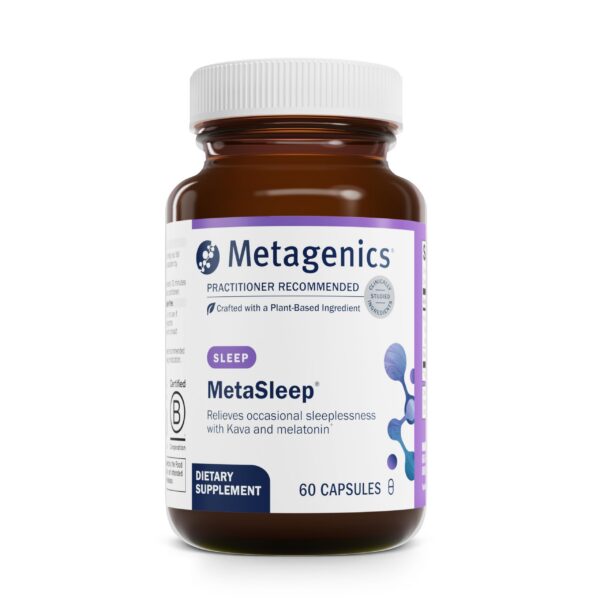 Frasco de Metagenics MetaSleep melatonina y kava 60 cápsulas