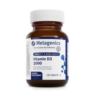 Frasco frontal de Metagenics Vitamina D3 1000 UI tabletas