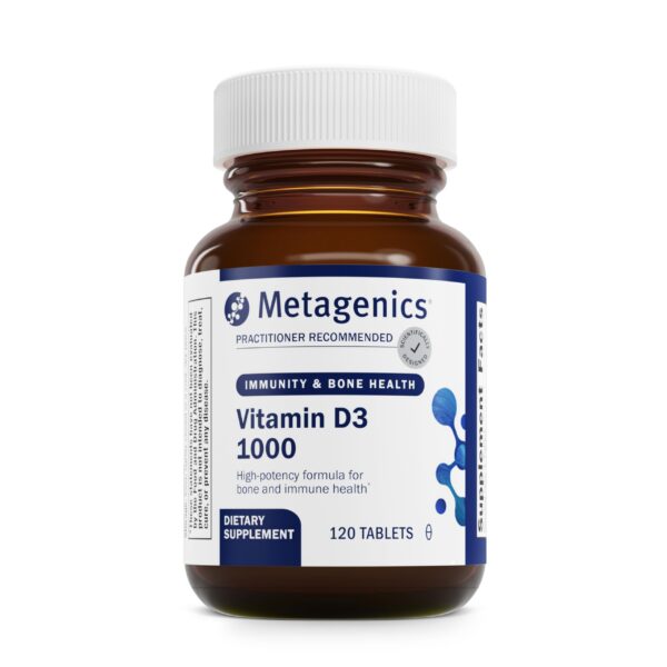 Frasco frontal de Metagenics Vitamina D3 1000 UI tabletas