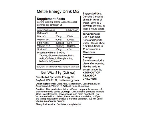 Empaque de mezcla energética Mettle sabor frambuesa azul ácida
