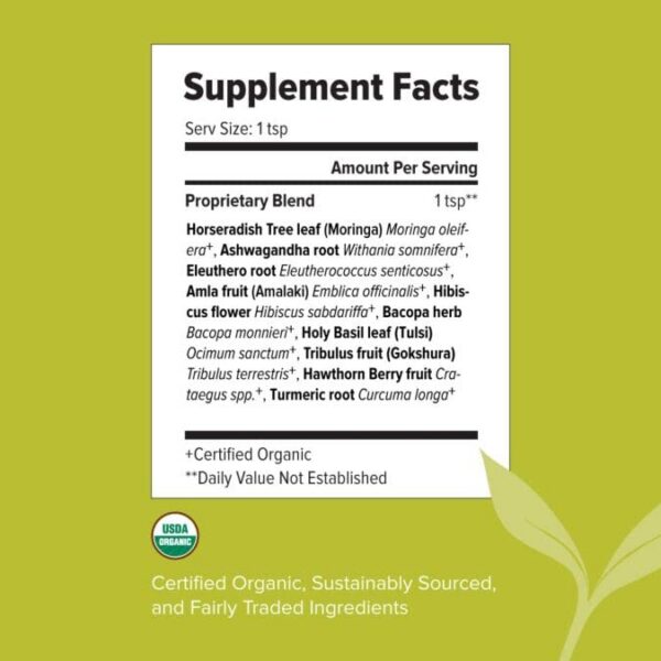 Version 1.0.0 Mezcla de moringa, ashwagandha y tulsi en polvo superalimento orgánico