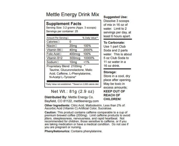 Paquete de polvo bebida energética Mettle Energy 200mg cafeína