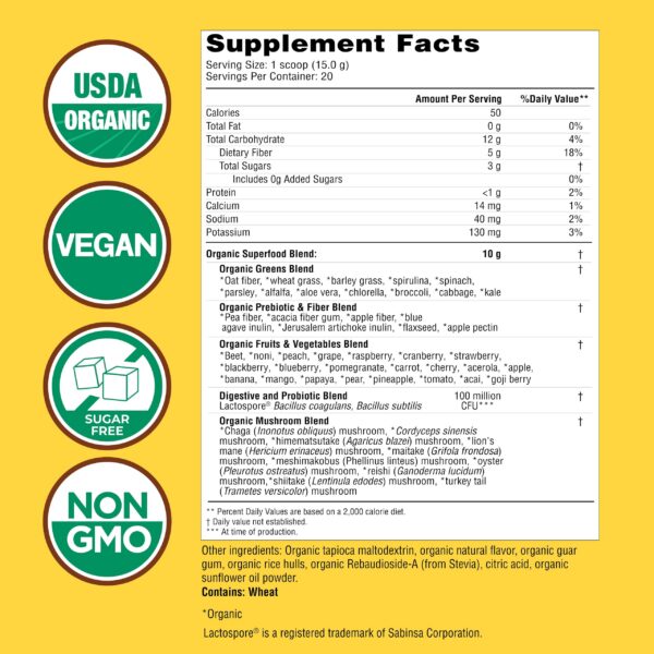 Version 1.0.0 Mezcla super greens Country Farms ingredientes saludables orgánicos