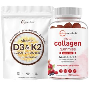 Frente del bundle Micro Ingredients D3 10k UI y K2 200 mcg con aceite de coco y gomitas