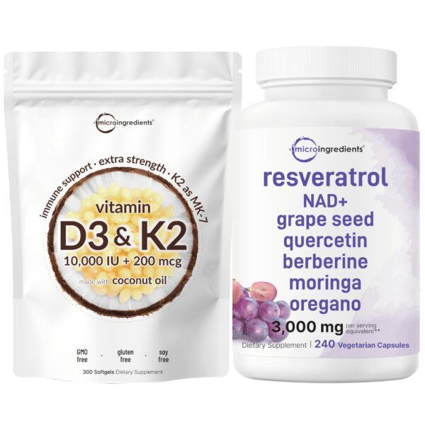 Frasco de Micro Ingredients con cápsulas D3/K2 y resveratrol