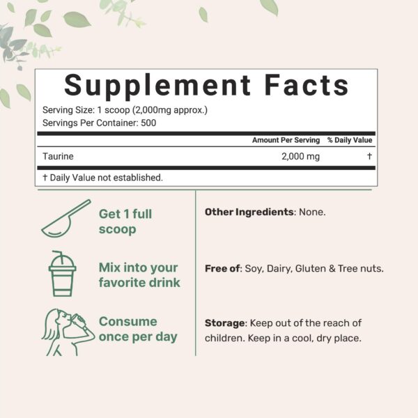 Porción de taurina en polvo con pala dosificadora