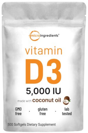 Micro Ingredients Vitamina D3 5000 IU cápsulas con aceite de coco