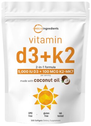 Micro Ingredients cápsulas vitamina D3 5000 UI con aceite de coco 300 unidades