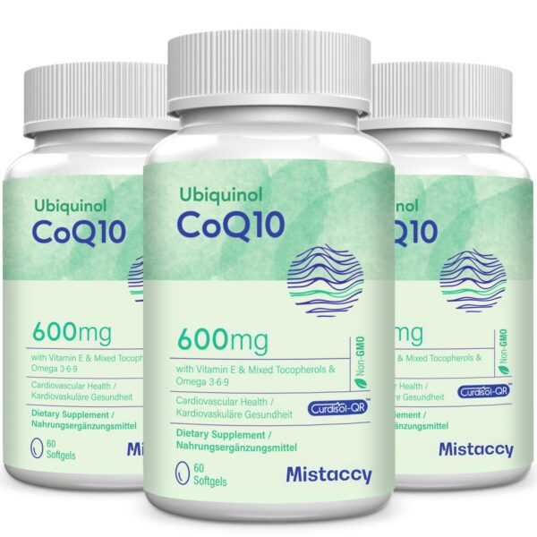 Frente de envase Mistaccy CoQ10 600 mg cápsulas blandas