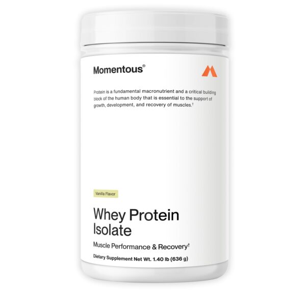 Frente del envase Momentous whey aislada