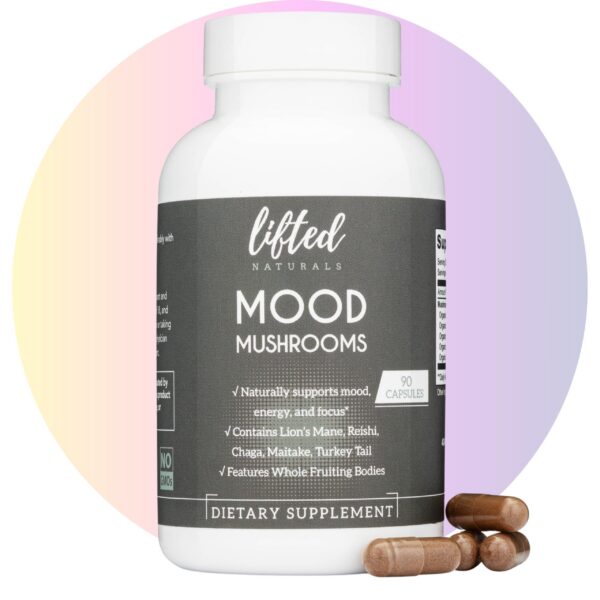 Frasco de cápsulas Mood Mushrooms Lifted Naturals con hongos naturales