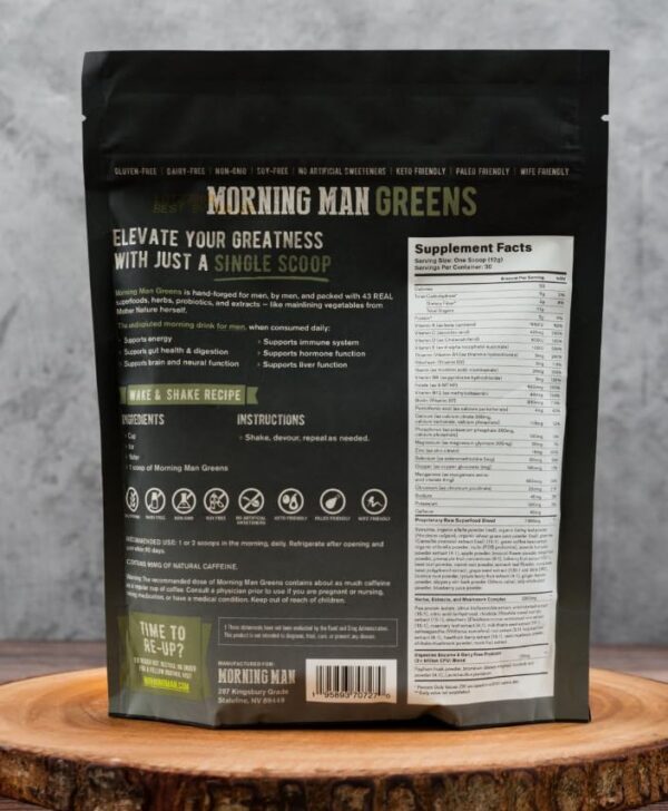 Etiqueta Morning Man Greens en frasco