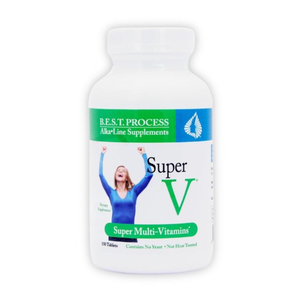Botella de Morter HealthSystem SuperV multivitamínico alcalino 150 cápsulas