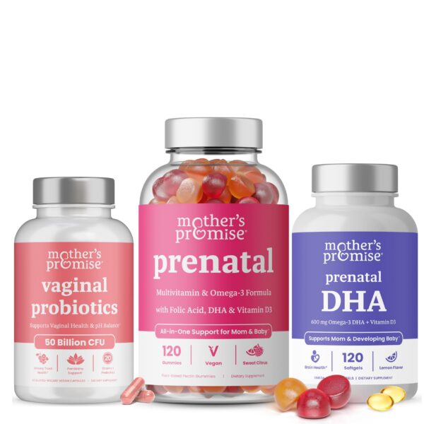 Frente del empaque de probióticos vaginales y prenatal DHA