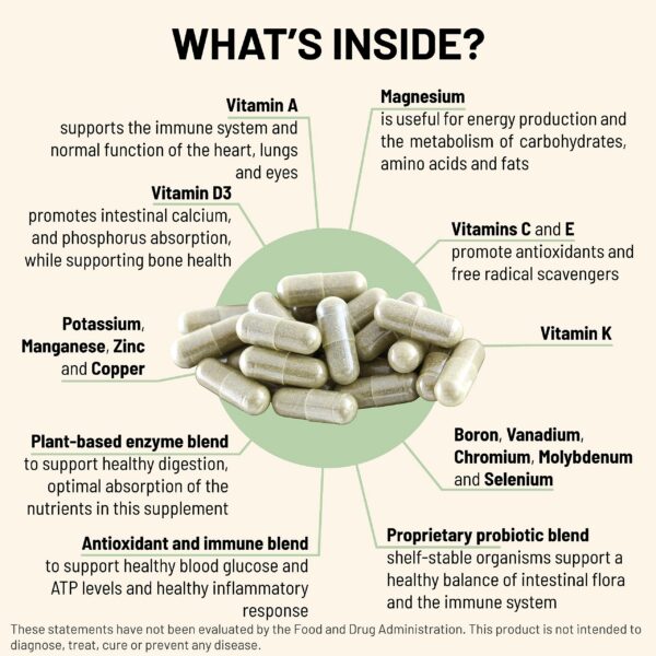 Cápsulas vegetarianas de multivitamínico mostradas fuera del envase