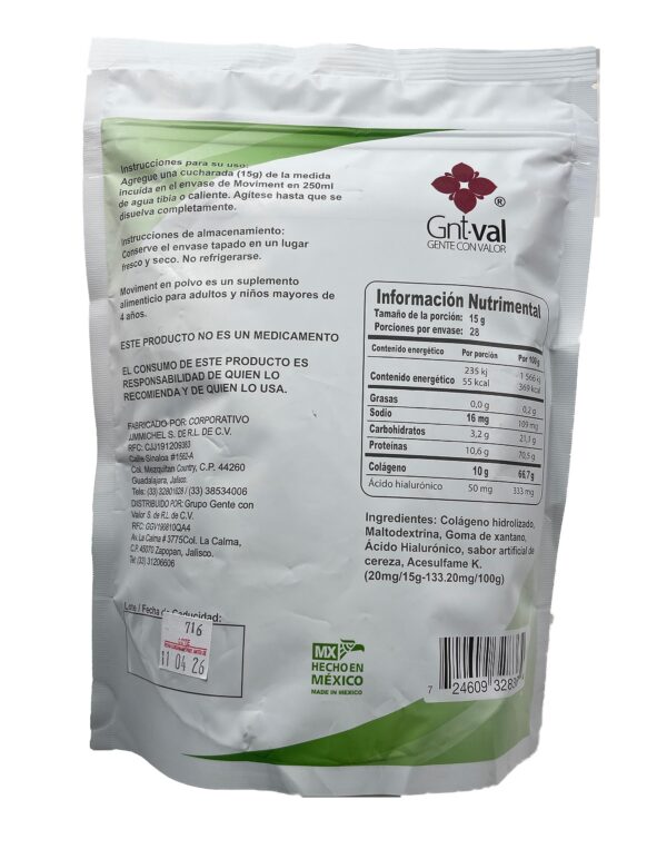 Frasco con etiqueta Moviment colageno hidrolizado