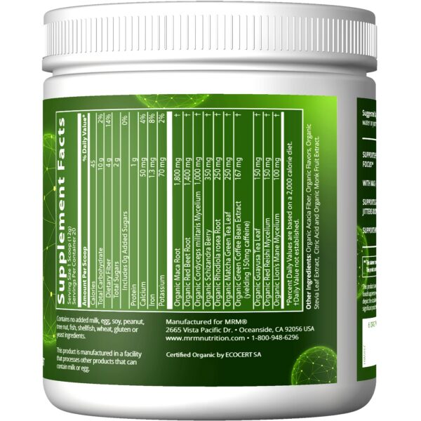 Etiqueta frontal de MRM Organic Pre-Workout